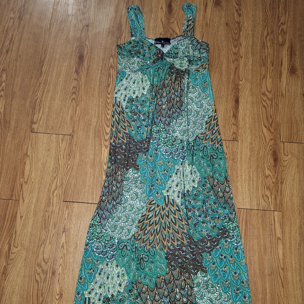 Ellen Parker Size Small Green Paisley Floral Boho Maxi Dress Lightweight Summer